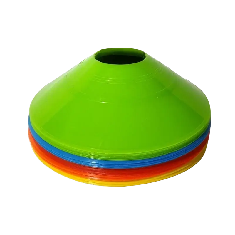 Stack of bright green blue orange and yellow plastic agility training cones set for kids sports with round openings