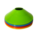 Stack of bright green blue orange and yellow plastic agility training cones set for kids sports with round openings