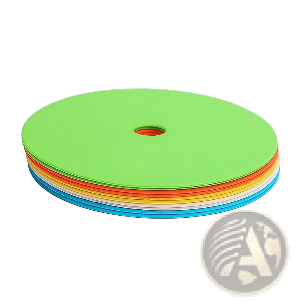 Stack of ten colorful circular foam agility training cones in green orange yellow white and blue for sports marking