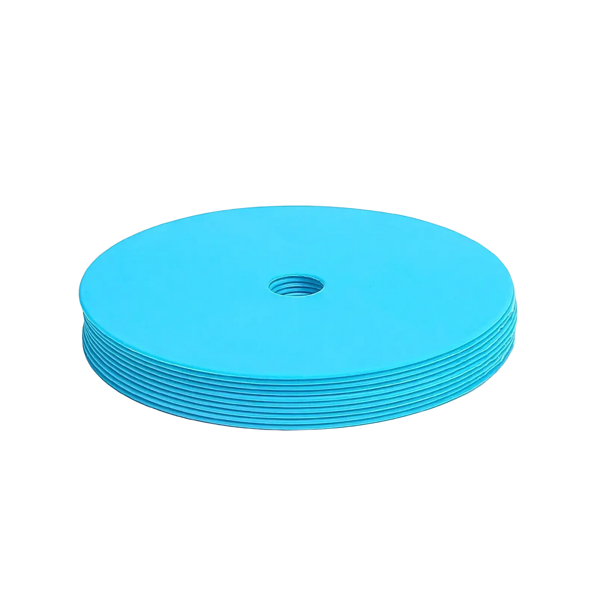 Bright blue smooth plastic agility training cones set with central hole designed as sports marker discs
