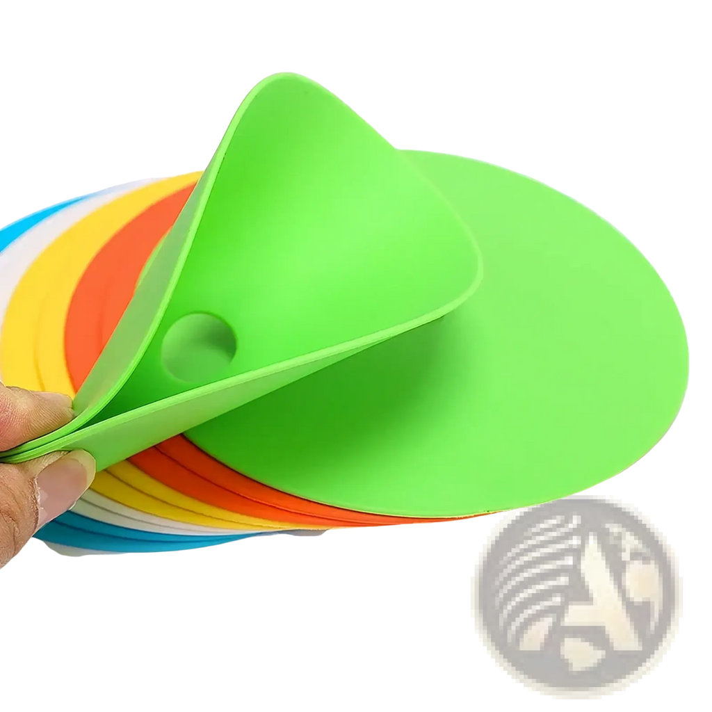 Bright green silicone agility training cone with circular cutout part of a vibrant sports marker discs set