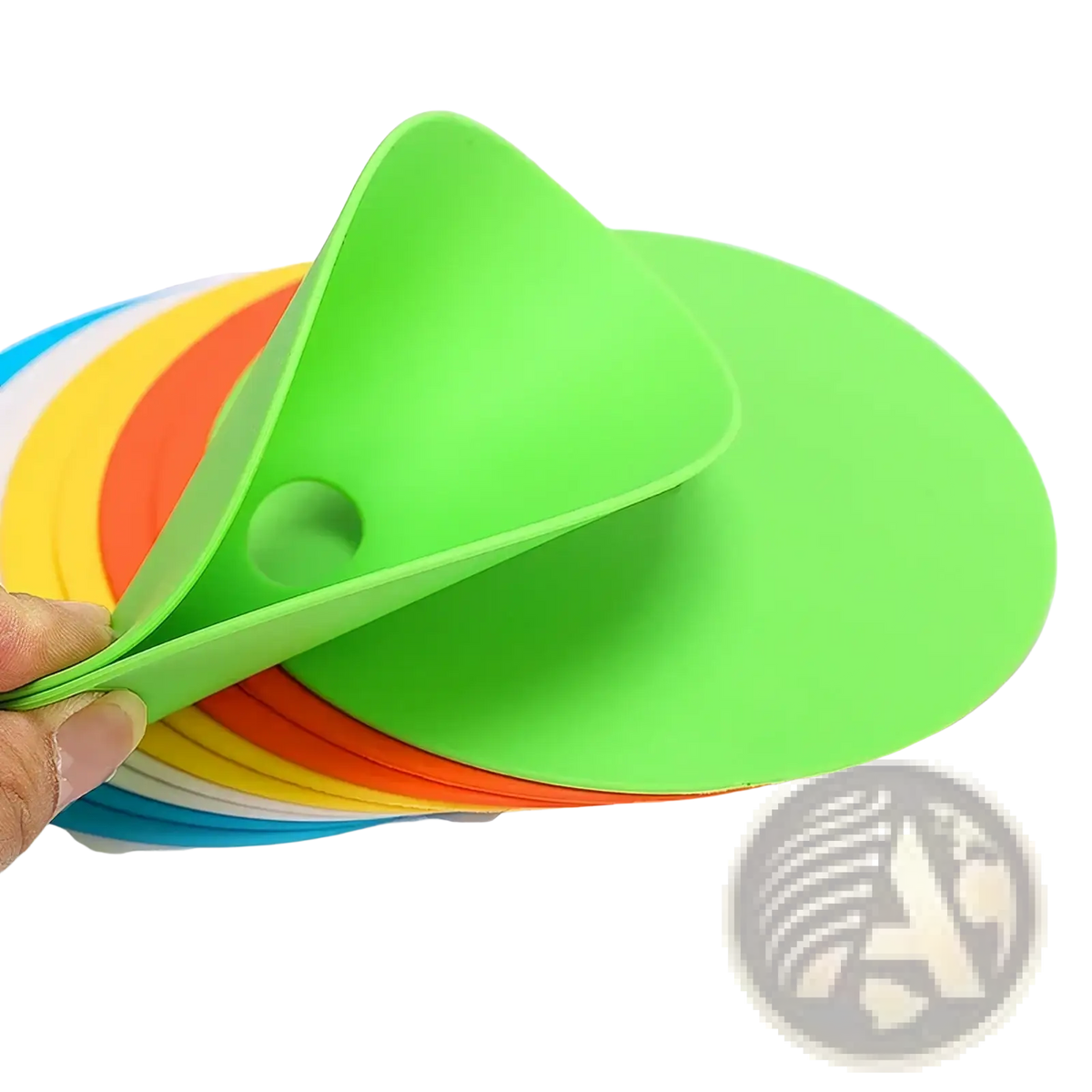 Bright green silicone agility training cone with circular cutout part of a vibrant sports marker discs set