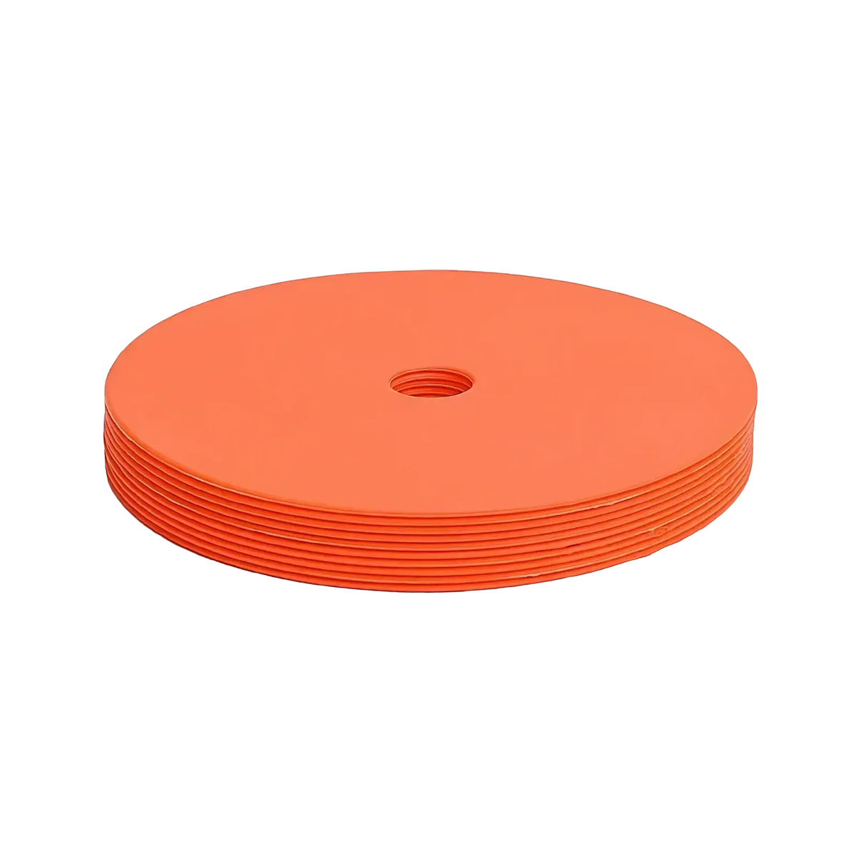 Bright orange agility training cones set featuring circular plastic marker discs with central holes for sports use