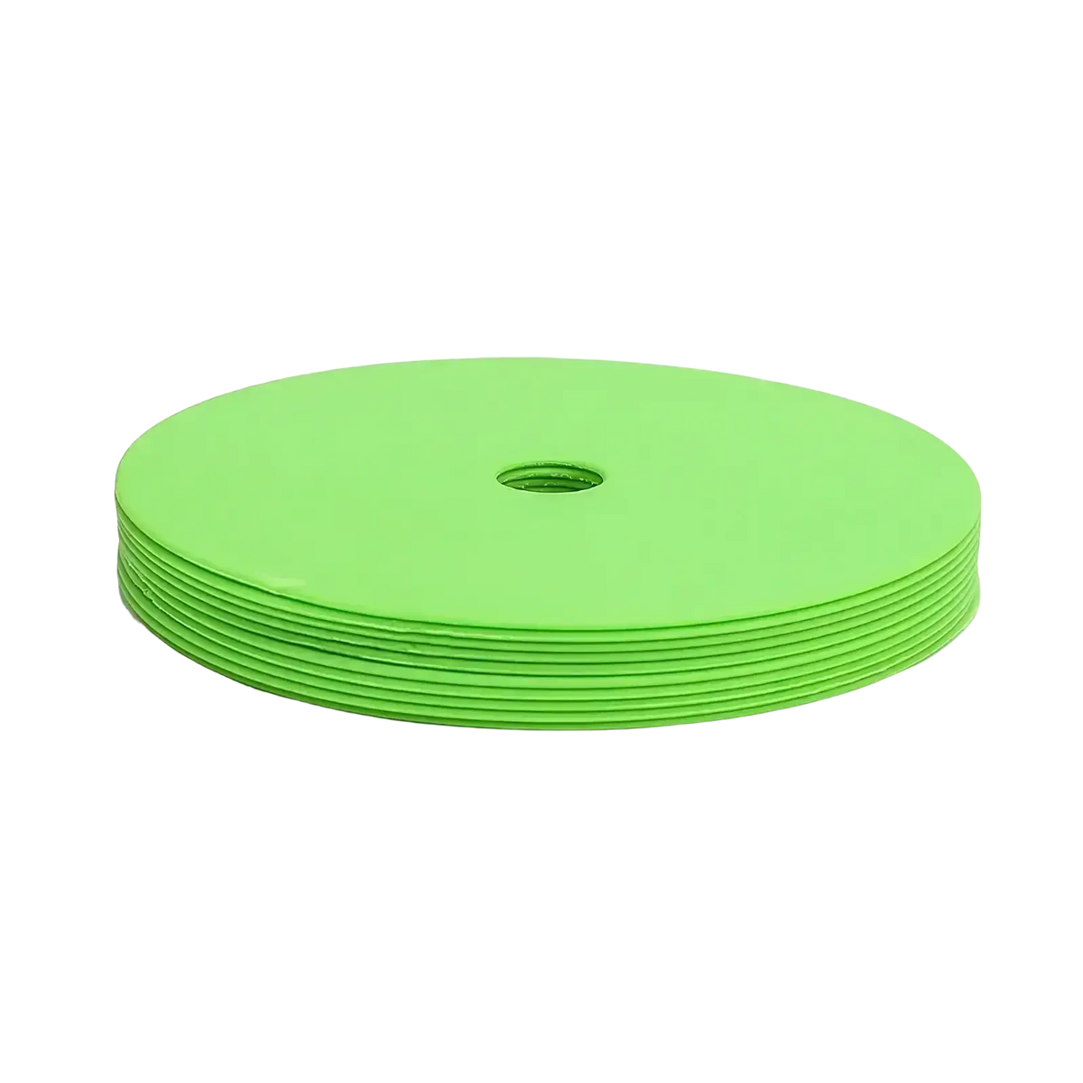 Stack of bright lime green circular agility training cones sports marker discs with central hole for sports drills