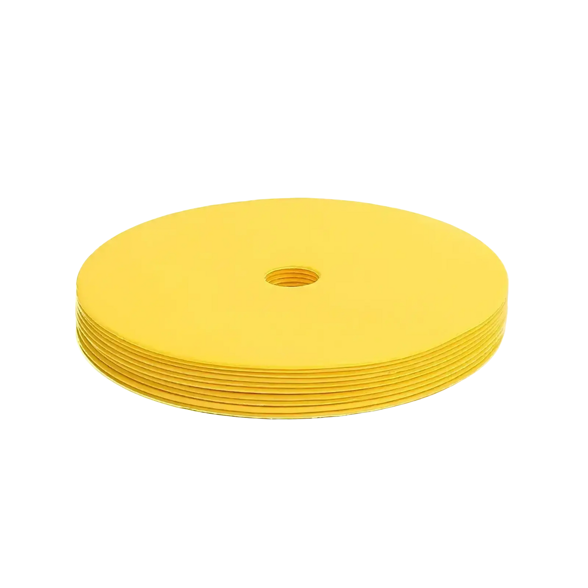 Stack of bright yellow circular sports marker discs used as agility training cones for agility training exercises