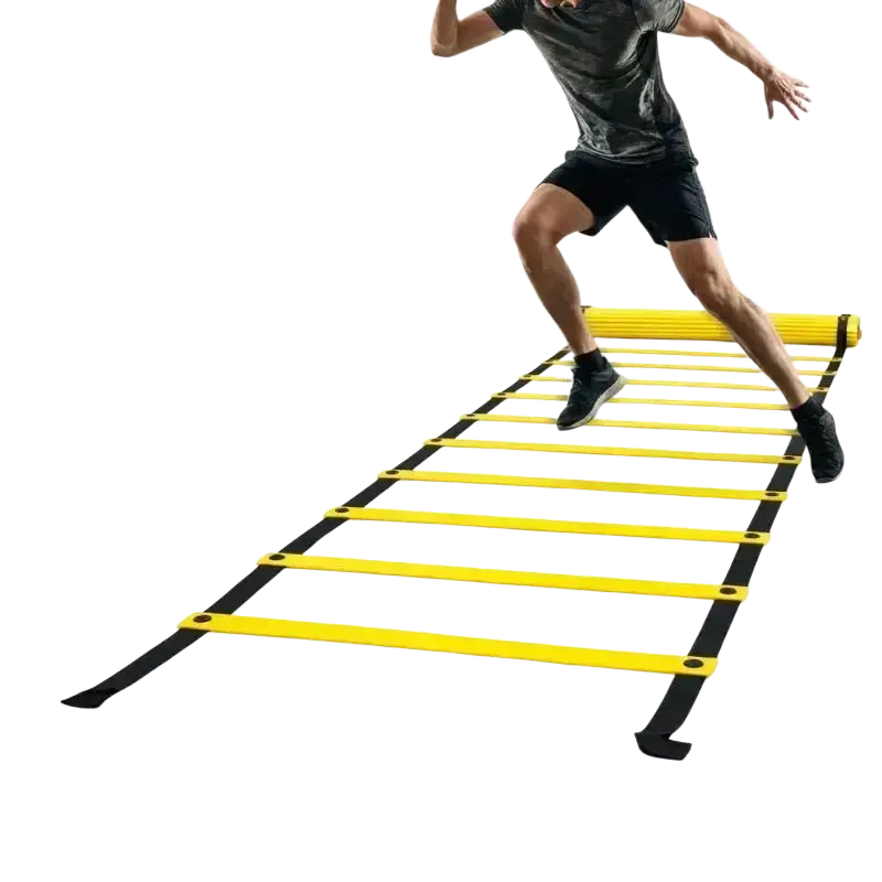 Yellow and black agility training equipment speed ladder with nylon straps and collapsible design for fitness training