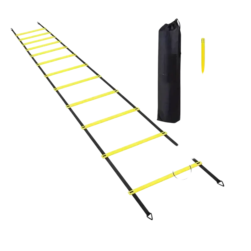 Yellow and black agility training equipment speed ladder with nylon straps and carrying bag for agility training