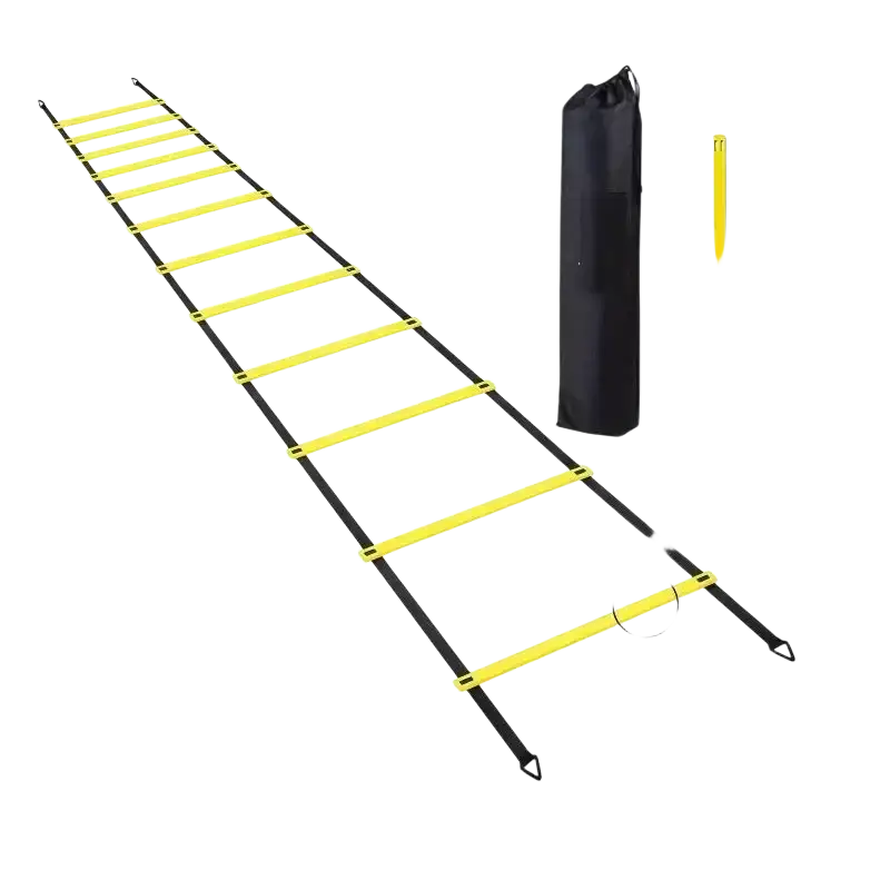 Yellow and black agility training speed ladder with nylon straps and carrying bag for agility training equipment use