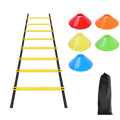 Yellow and black speed ladder with four colorful cones in an agility training kit for sports agility training