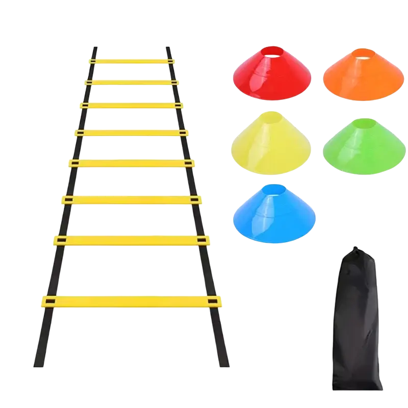 Yellow and black speed ladder with four colorful cones in an agility training kit for sports agility training