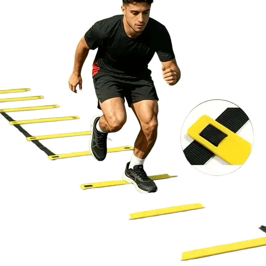 Yellow and black speed ladder with velcro strap closure in agility training kit for sports agility training use
