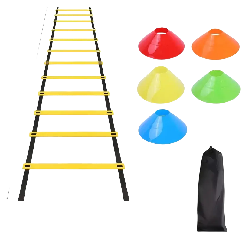 Agility training kit with yellow and black speed ladder and six colored plastic cones for sports agility training