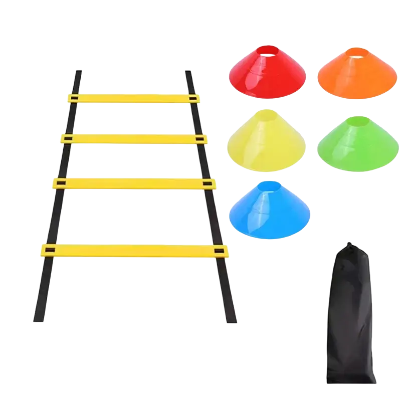 Agility training kit with yellow and black speed ladder and multicolor plastic cones for sports agility training