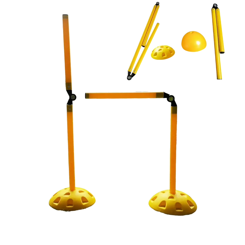 Bright yellow pvc agility training pole with perforated bases and adjustable height for soccer agility practice