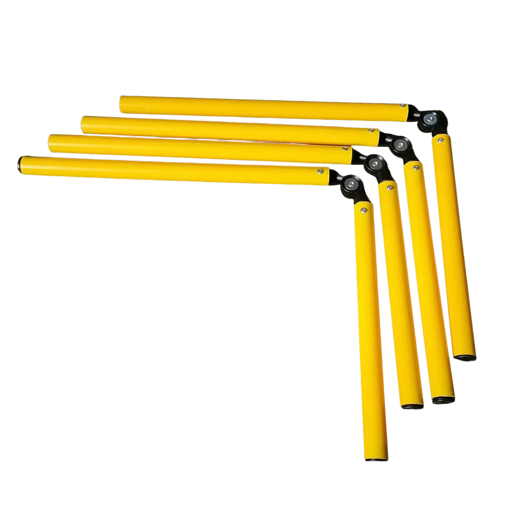 Set of bright yellow collapsible pvc agility training poles with black joints for soccer agility practice equipment