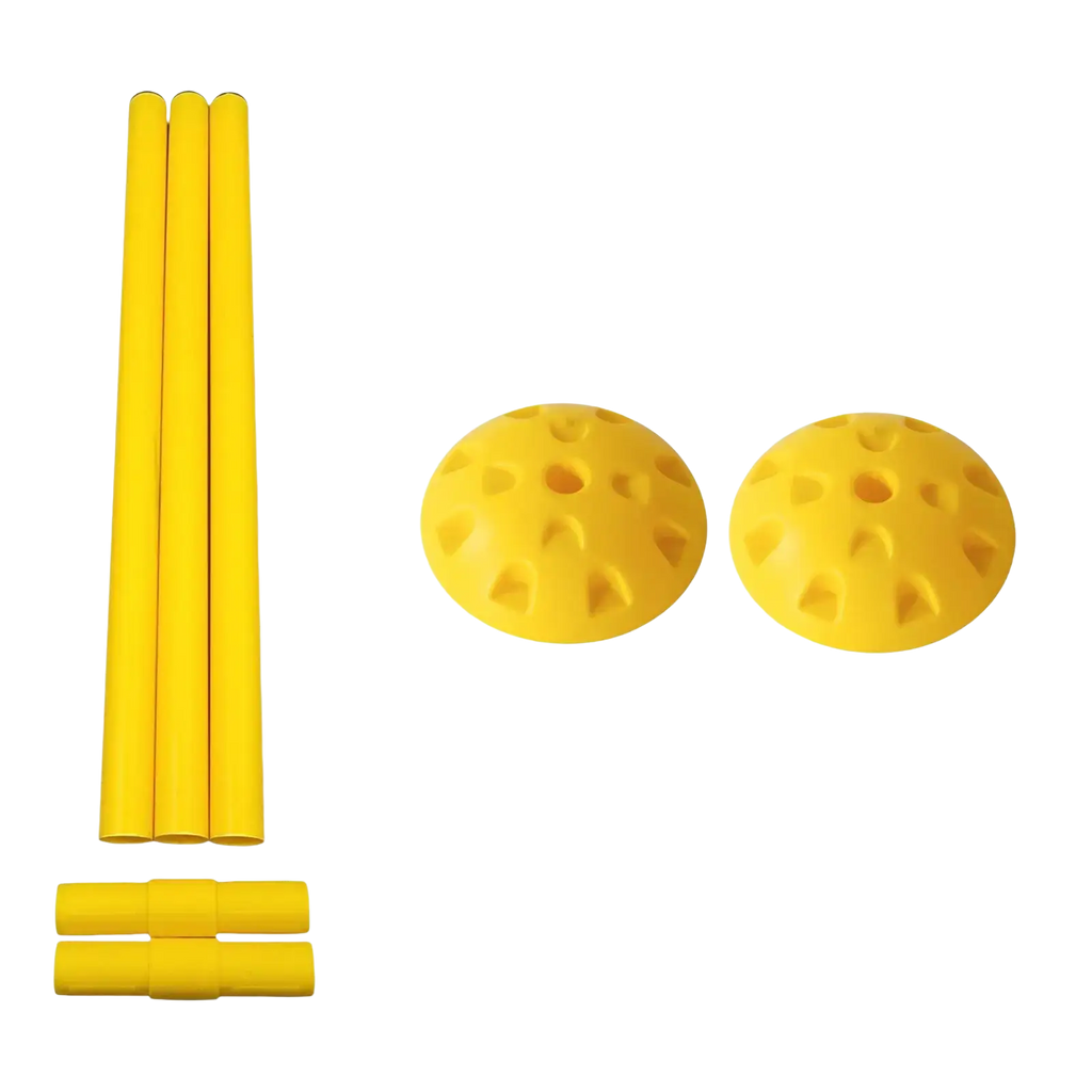 Yellow plastic pvc agility training pole set with three poles and two round bases for soccer agility practice