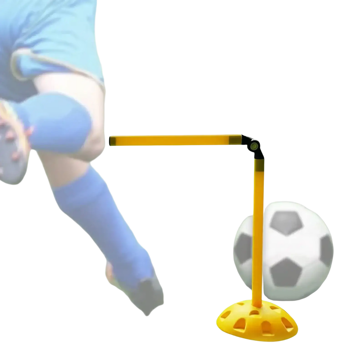 Yellow plastic agility training pole with black joint and white and gray ball for soccer and speed practice
