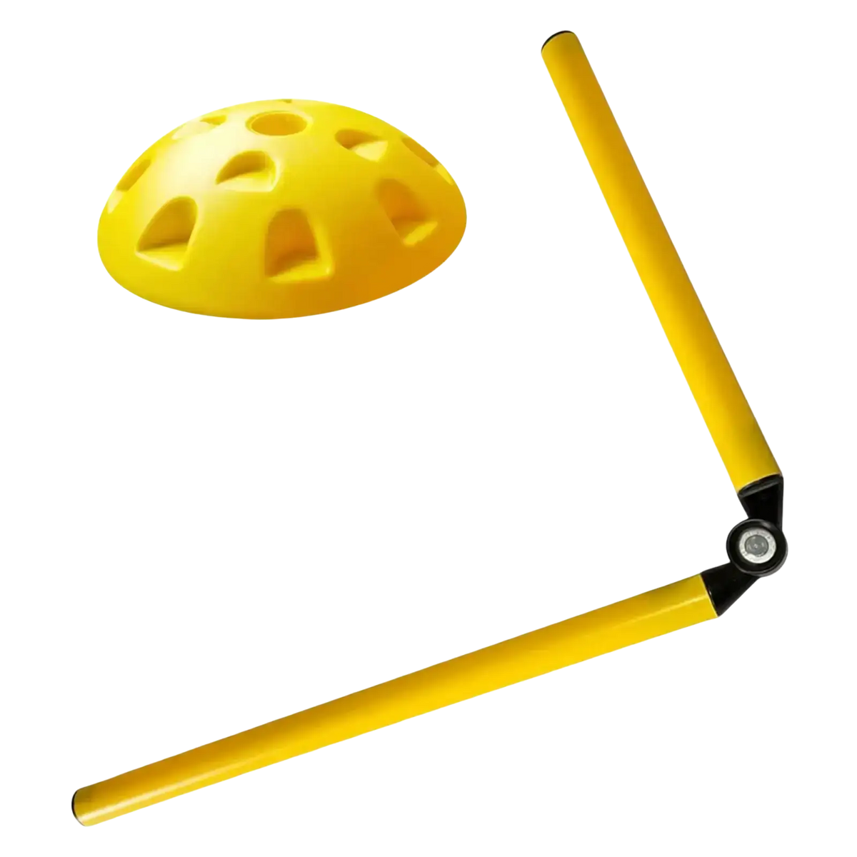 Yellow plastic agility training pole with triangular cutouts and adjustable stick with black joints for soccer practice