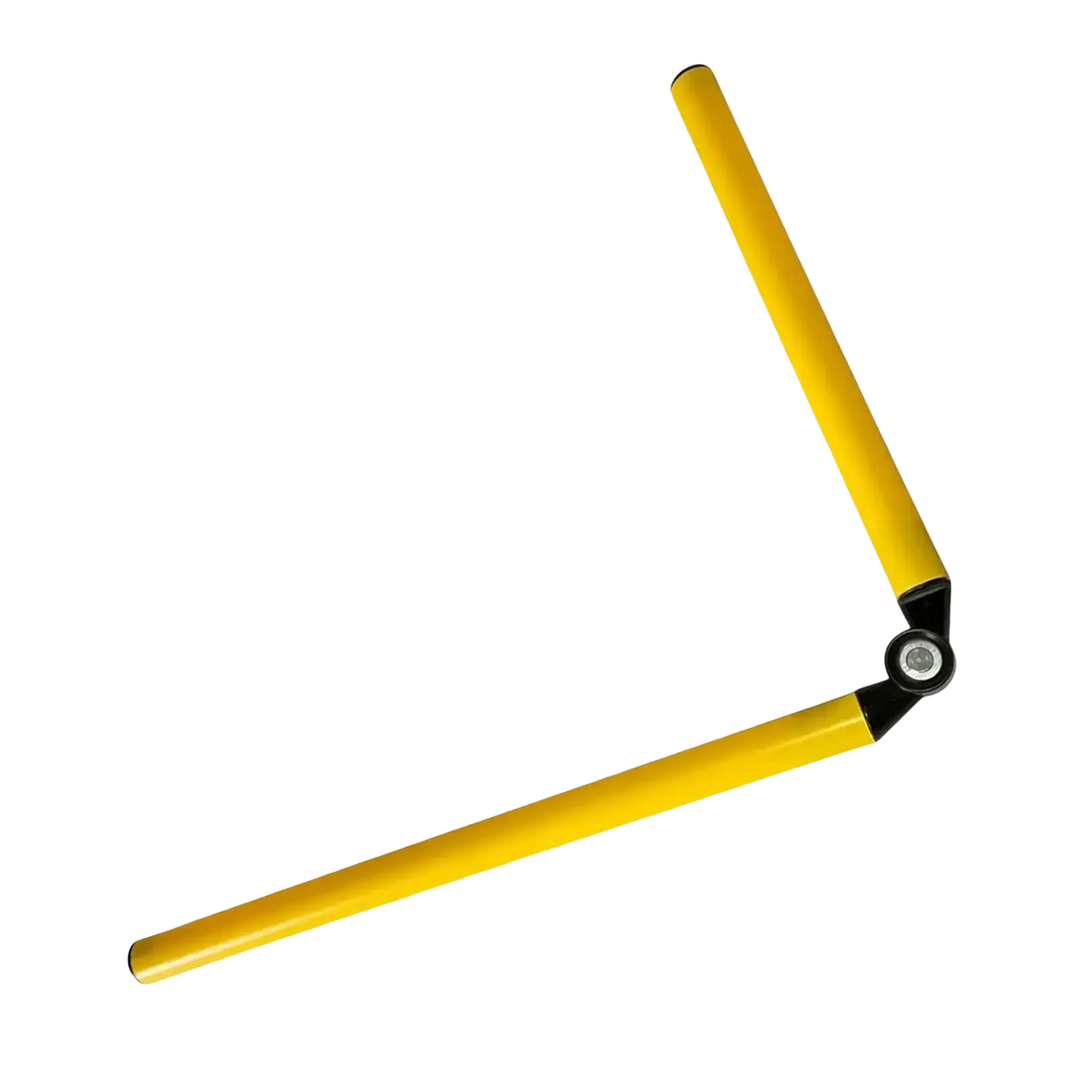 Yellow plastic-handled garden loppers with a black pivot joint next to an agility training pole for speed practice