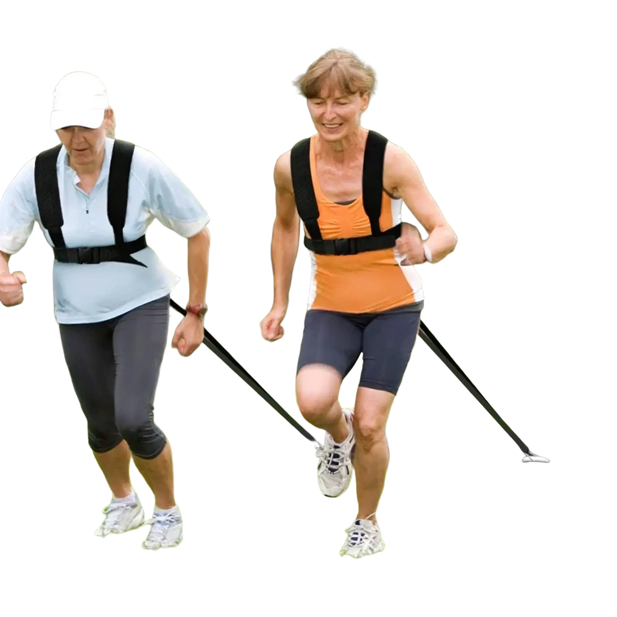 Black agility training resistance harness sled pull strap made of durable material worn by women during outdoor exercise