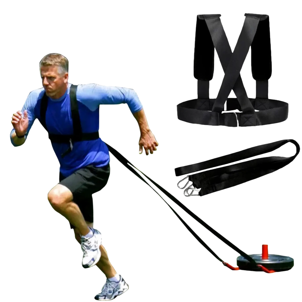 Black agility training resistance harness sled pull strap with attached straps and weighted disc for strength training