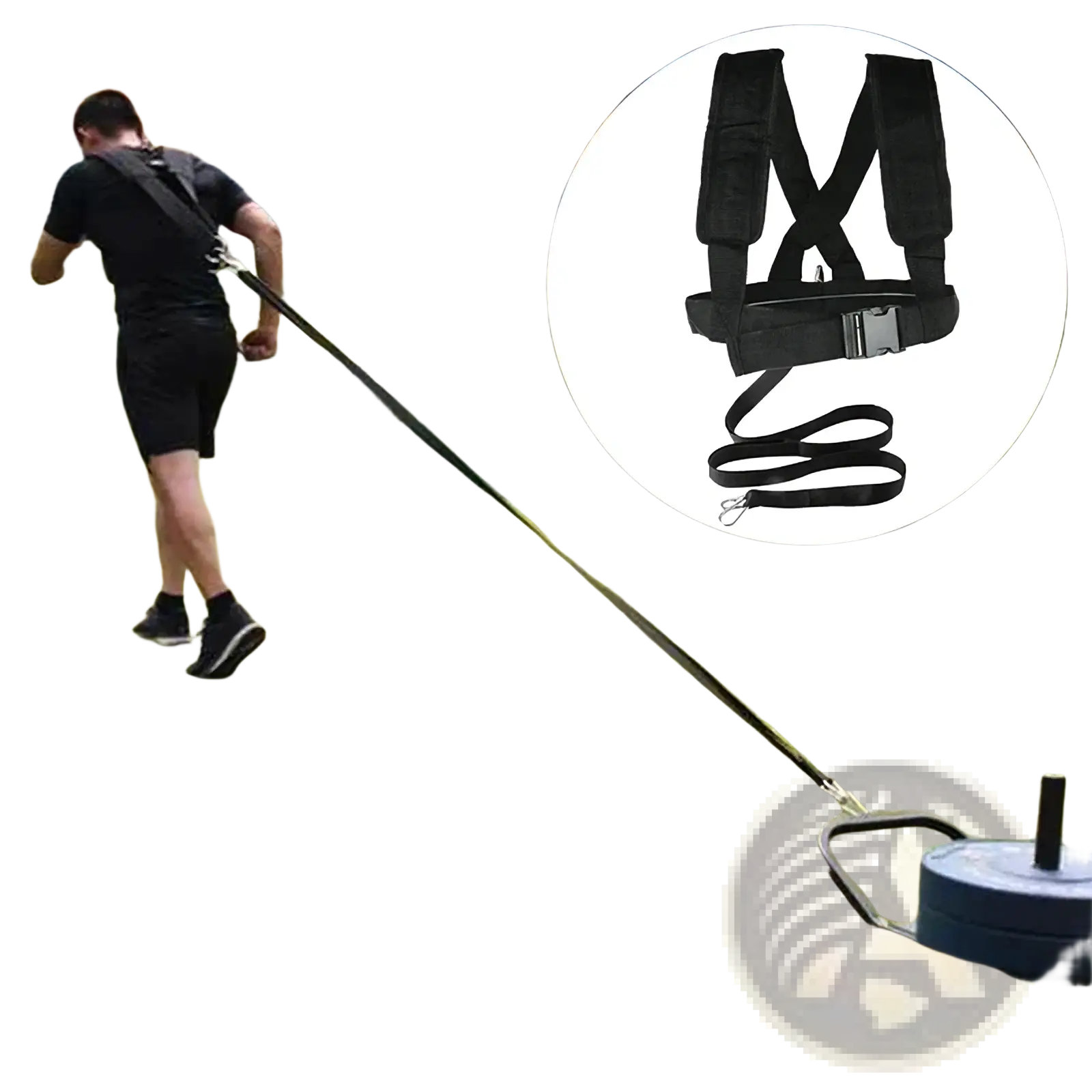 Black resistance training harness with adjustable straps and metal buckle connected to weighted sled for agility training