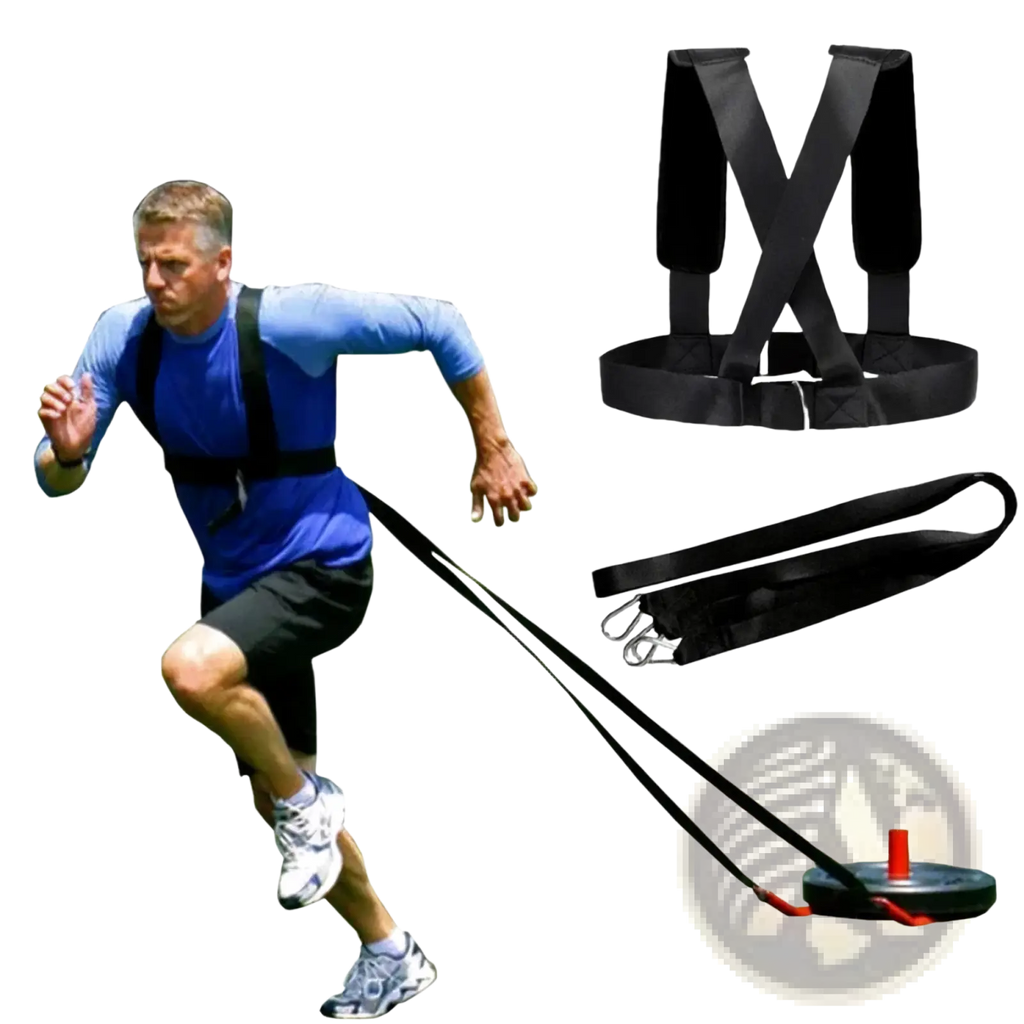 Black agility training resistance harness sled pull strap with attached straps and weighted disc for strength training