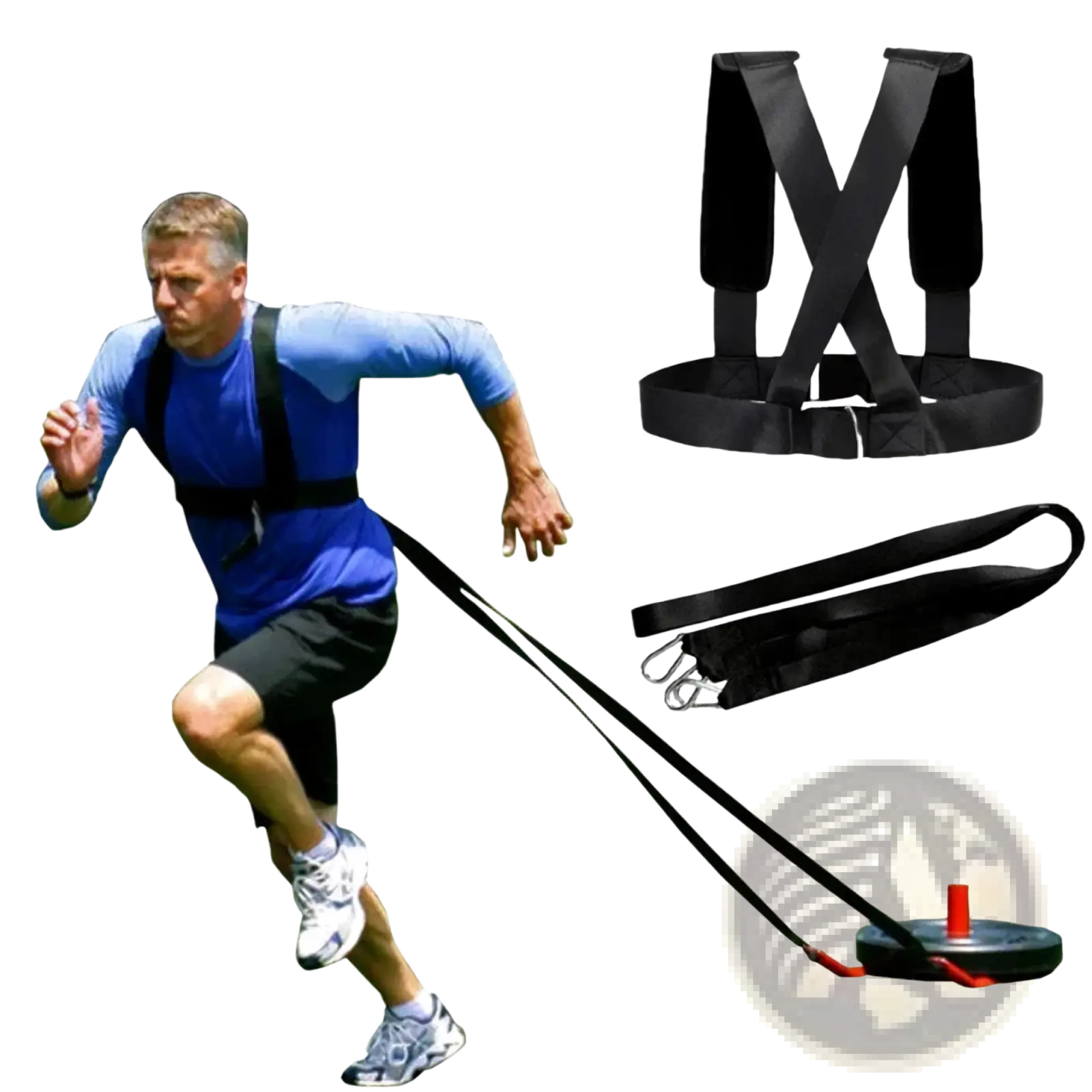 Black agility training resistance harness sled pull strap with attached straps and weighted disc for strength training