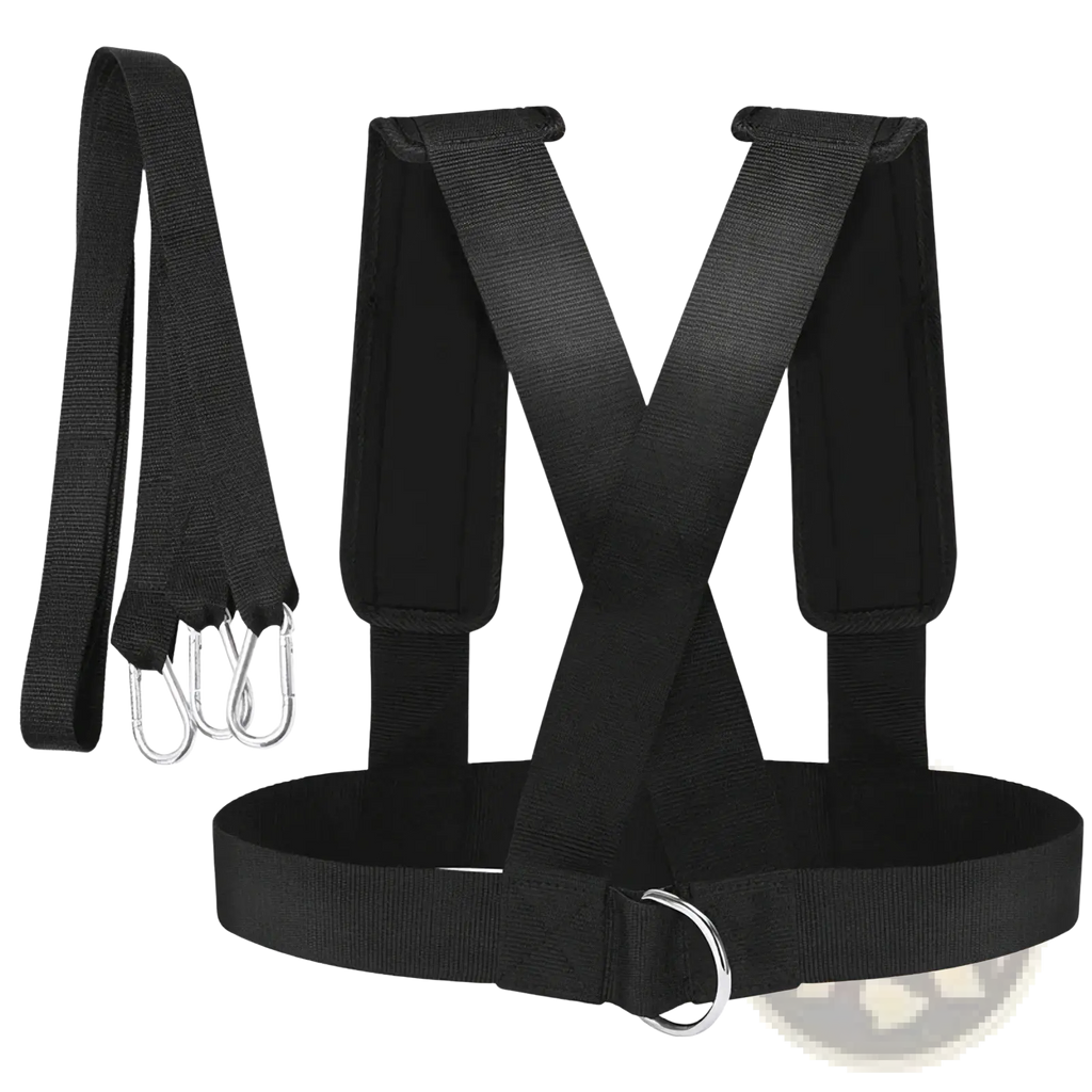 Black nylon agility training resistance harness with padded straps silver carabiners and d-ring attachment point