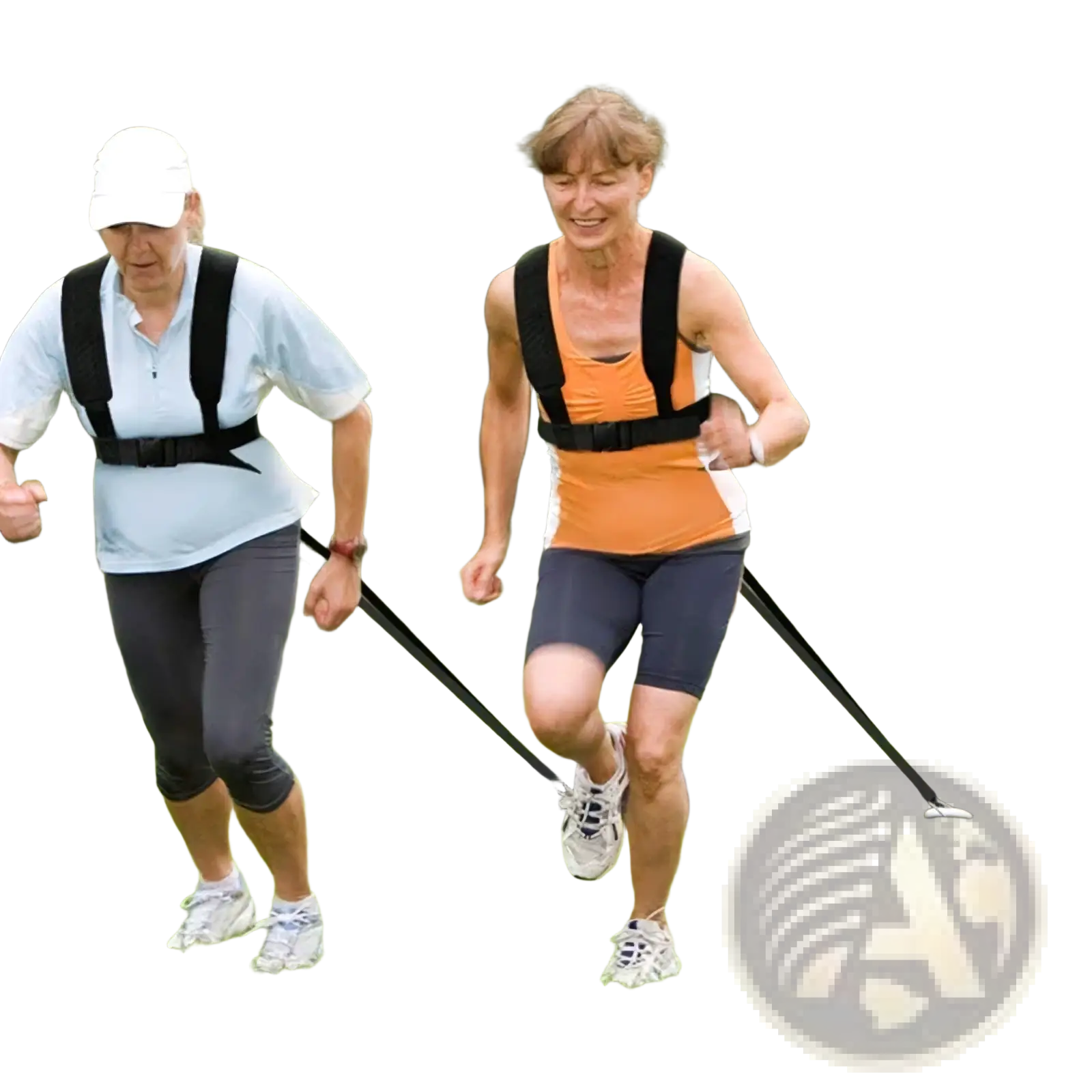 Black agility training resistance harness sled pull strap made of durable material worn by women during outdoor exercise