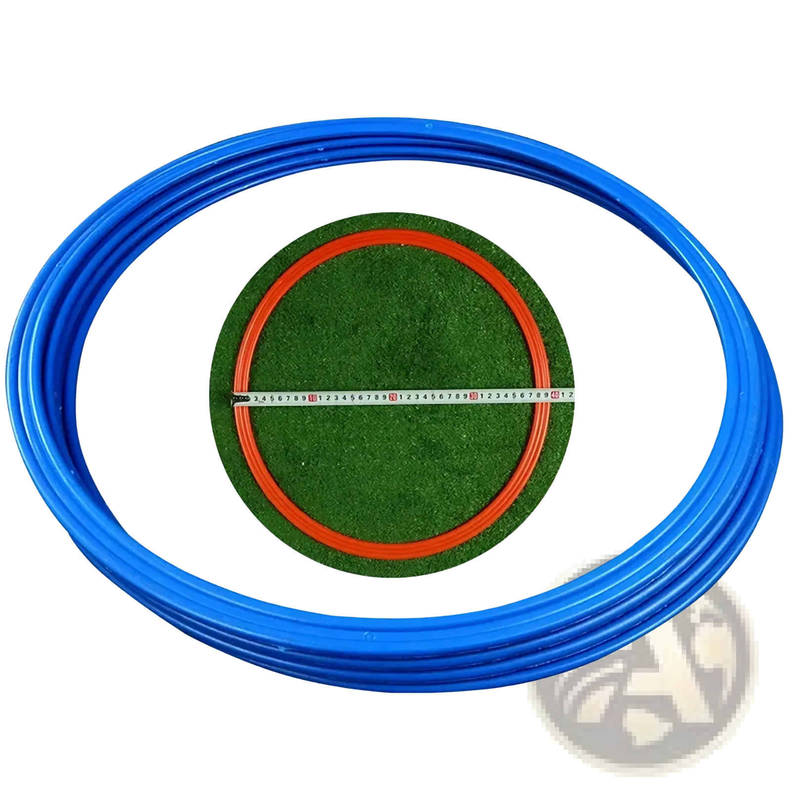 Blue plastic agility training ring with a green artificial grass center and orange inner ring for soccer speed exercise