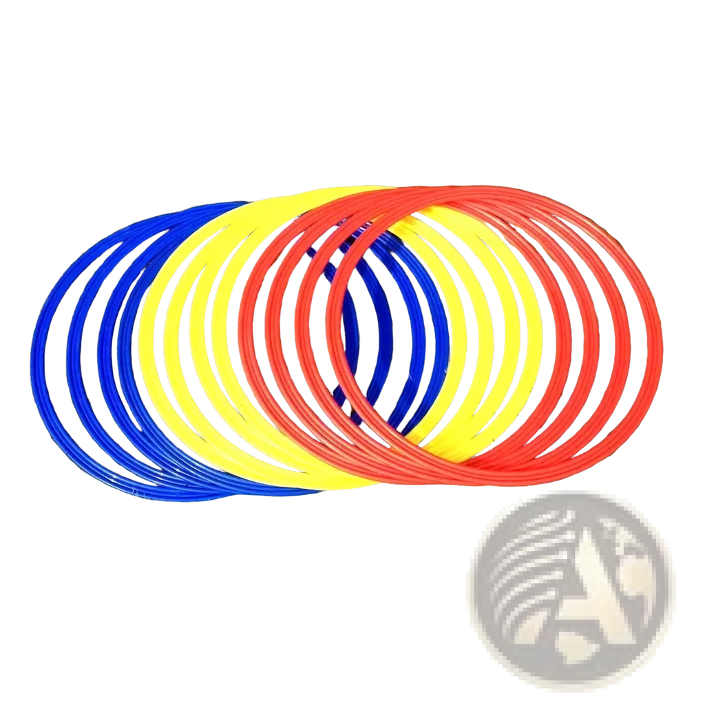 Set of colorful plastic agility training rings in blue yellow and red for soccer speed and exercise equipment