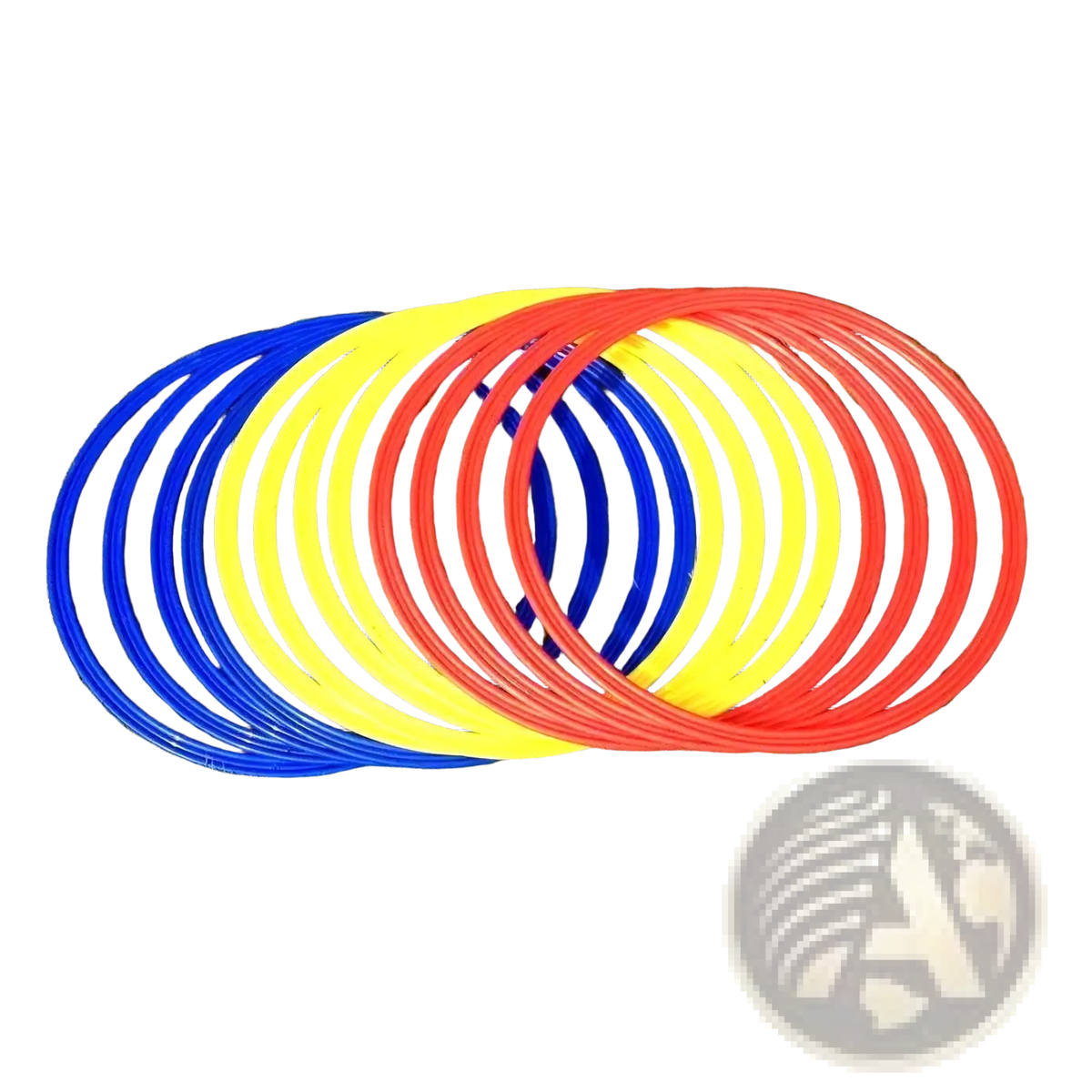 Set of colorful plastic agility training rings in blue yellow and red for soccer speed and exercise equipment