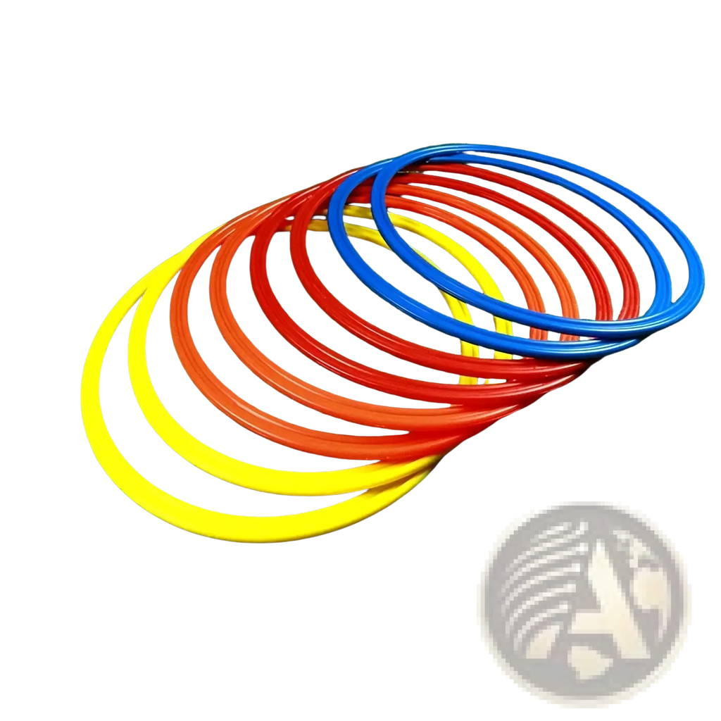 Set of colorful plastic agility training rings in yellow red and blue for soccer speed and exercise equipment