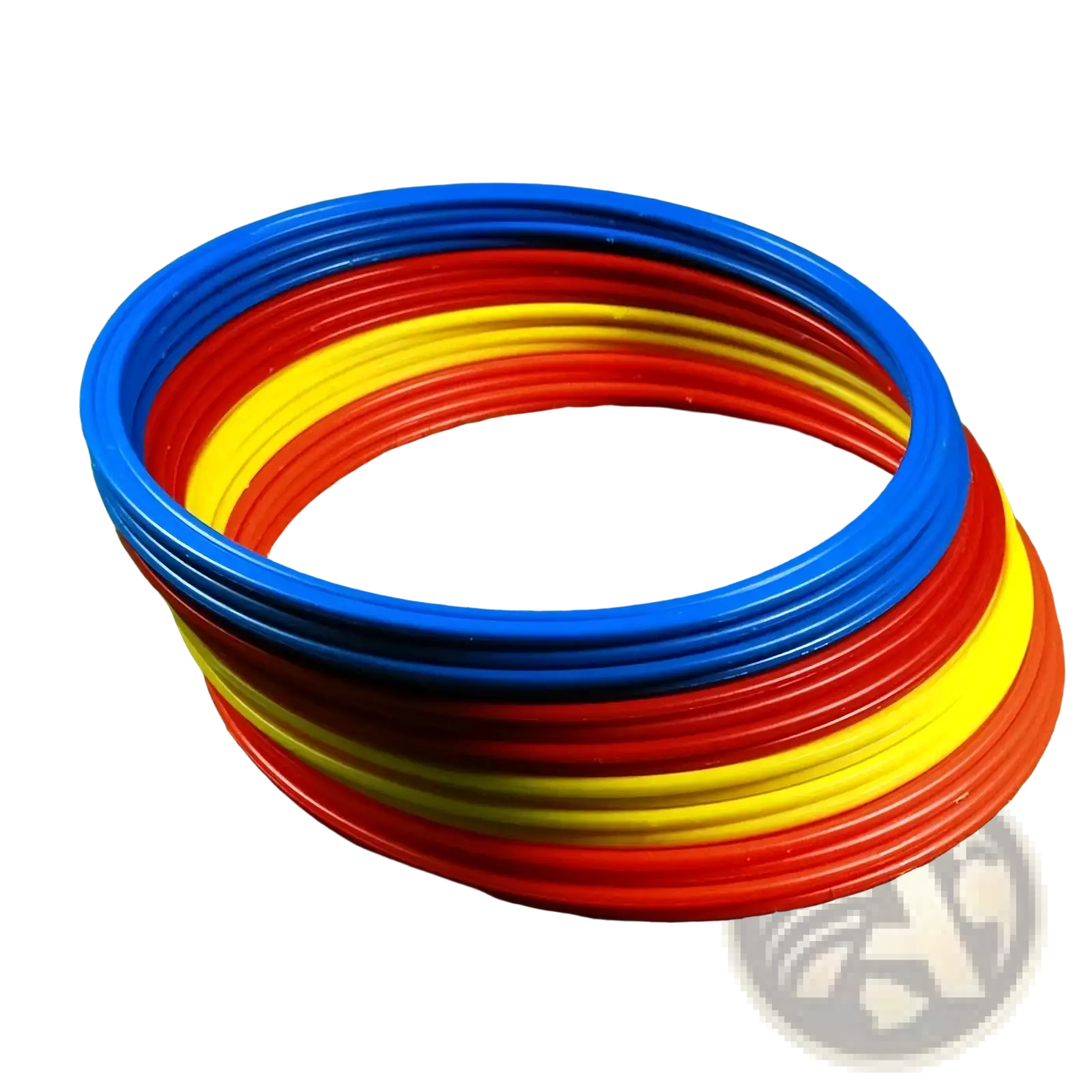 Stack of colorful plastic agility training rings in blue red and yellow for soccer speed exercise equipment