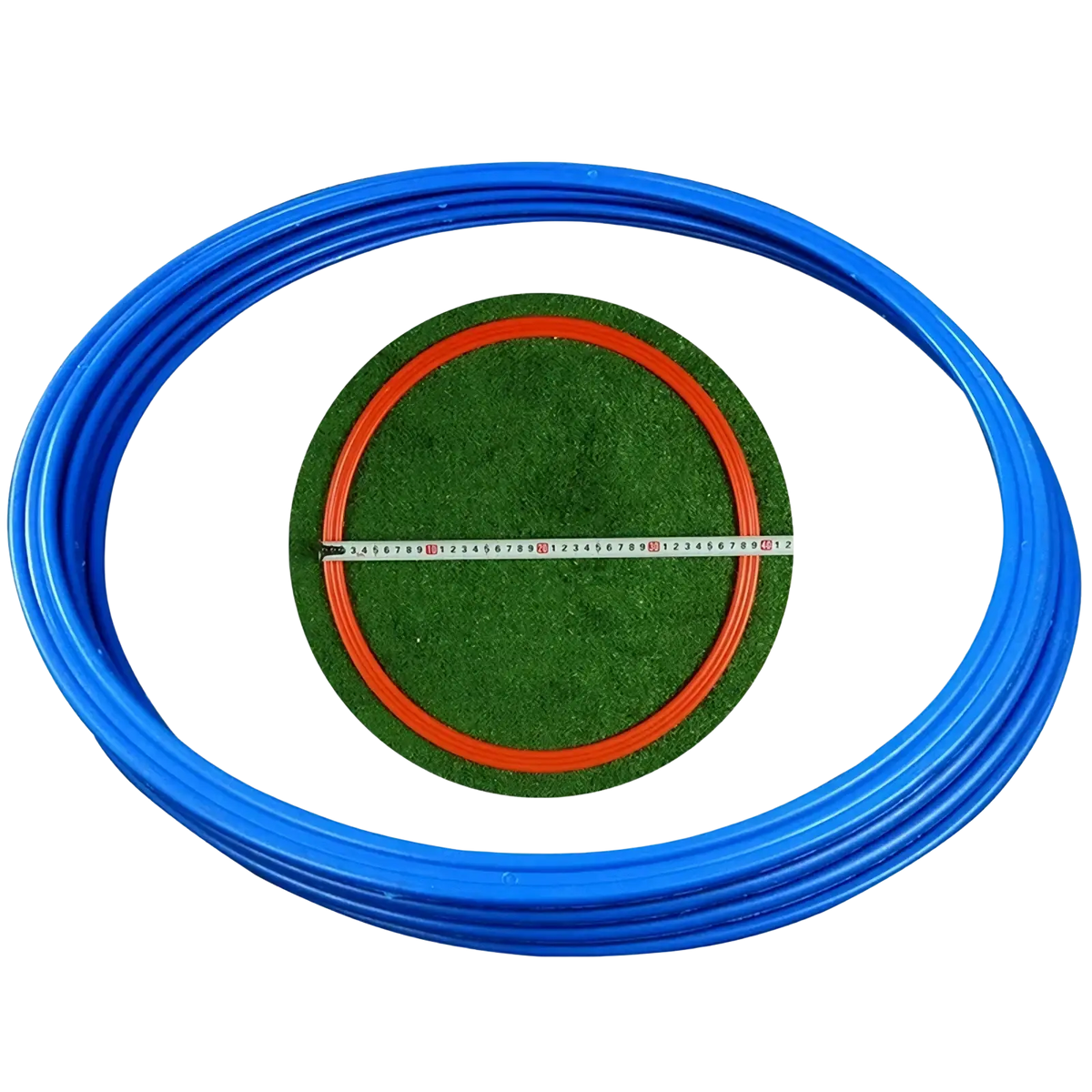 Blue plastic agility training ring with a green artificial grass center and orange inner ring for soccer speed exercise