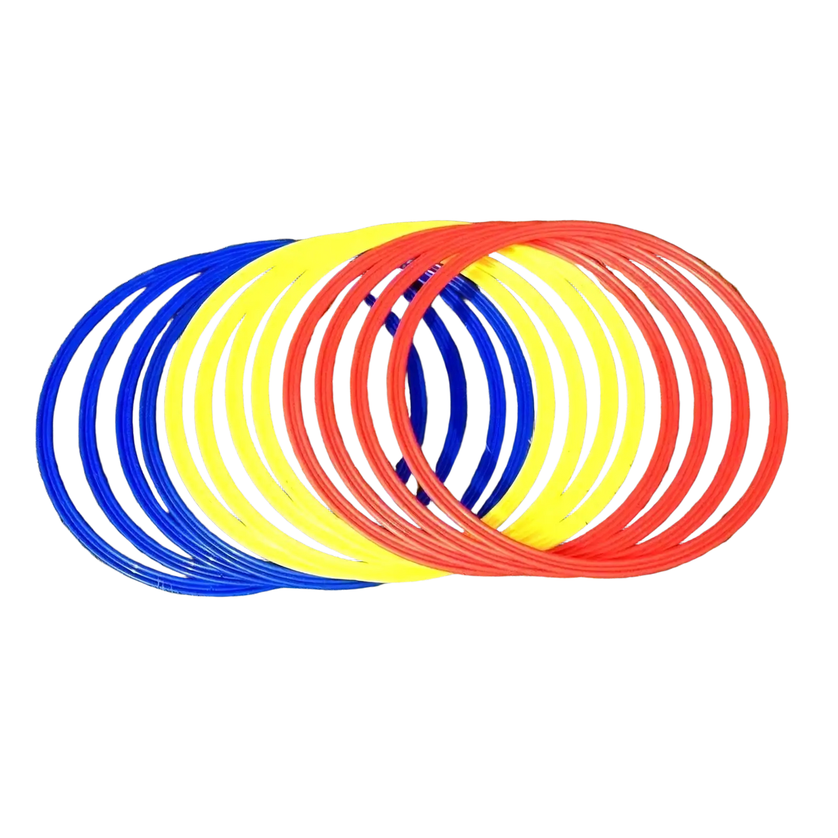 Set of colorful plastic agility training rings in blue yellow and red for soccer speed and exercise equipment