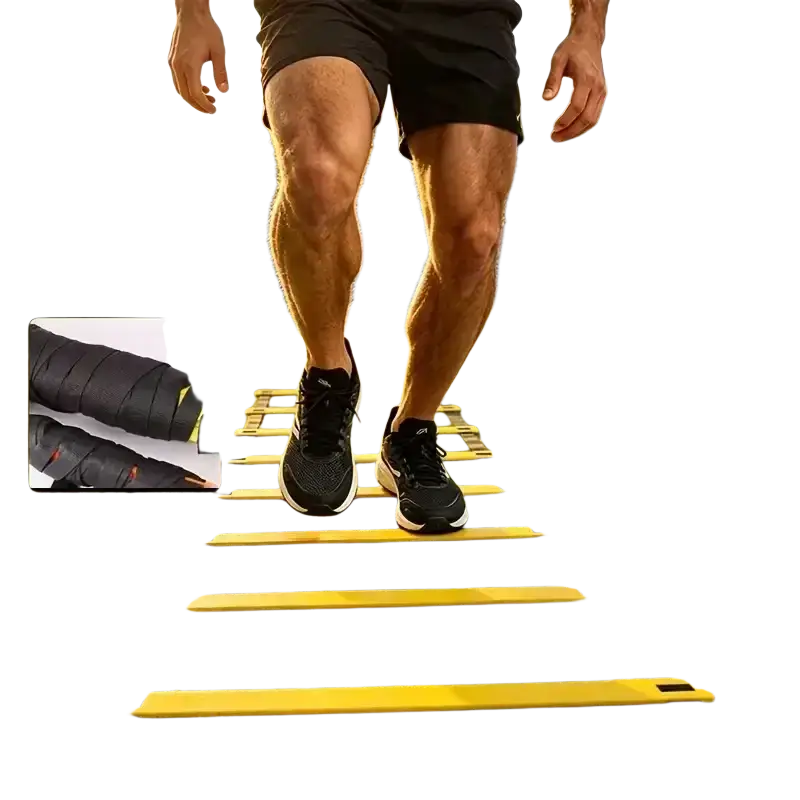 Yellow agility training set with speed ladder and cones in use with black athletic shorts and shoes for agility training