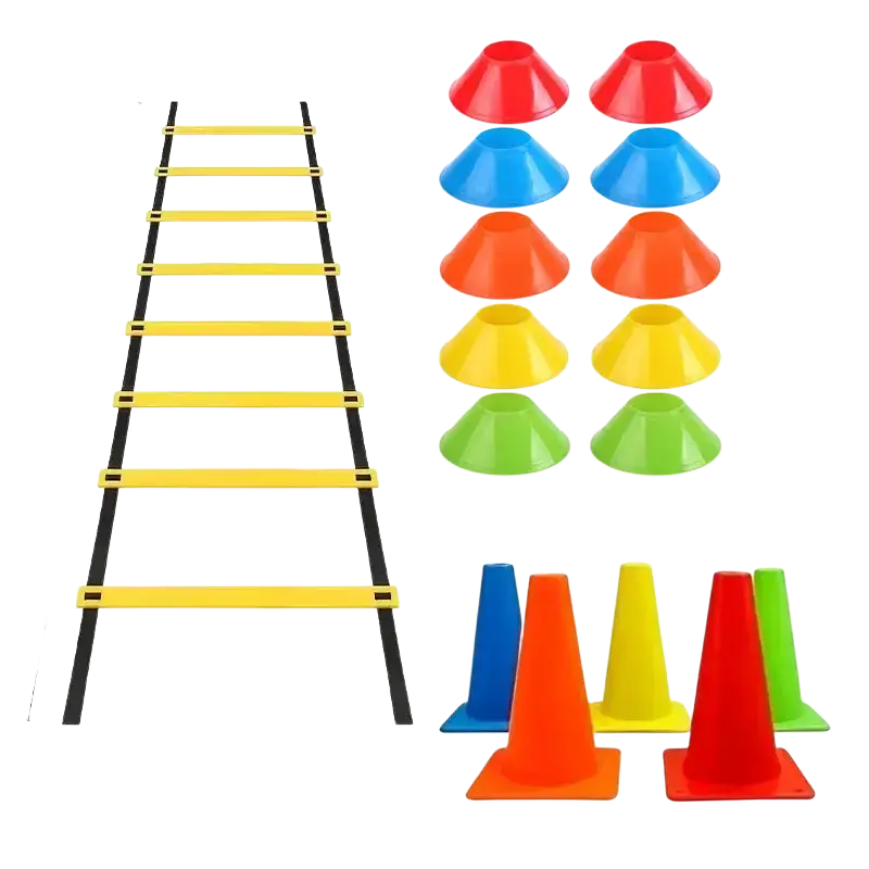Yellow and black plastic agility training set with speed ladder and colorful cones for fitness and athletic drills