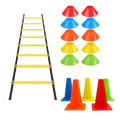 Yellow and black plastic agility training set with speed ladder and colorful cones for fitness and athletic drills