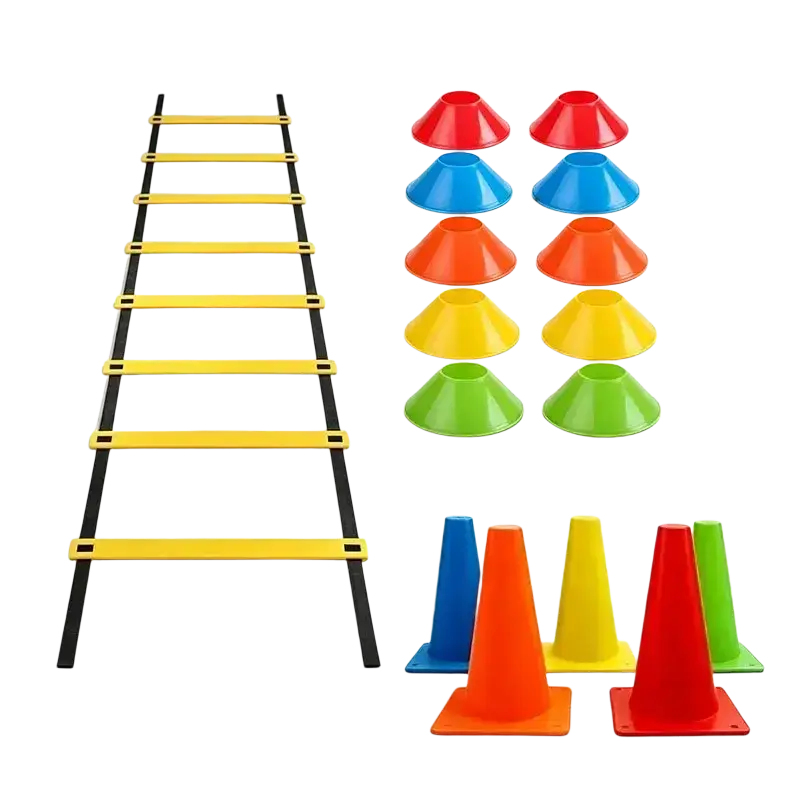 Yellow and black agility training set with speed ladder and colorful plastic cones for agility training exercises