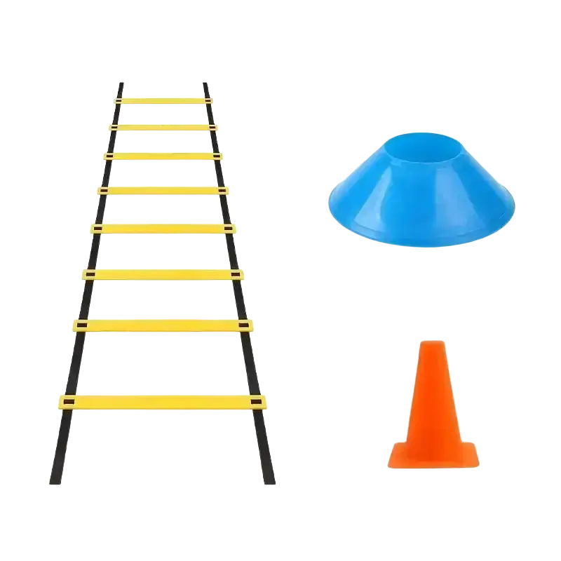 Yellow and black agility training set featuring a speed ladder with blue and orange cones for agility training