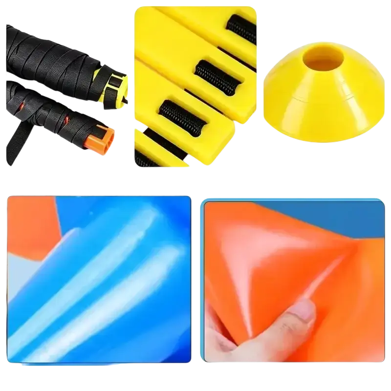 Yellow plastic soccer training cones with black rubber straps and orange connectors in an agility training set