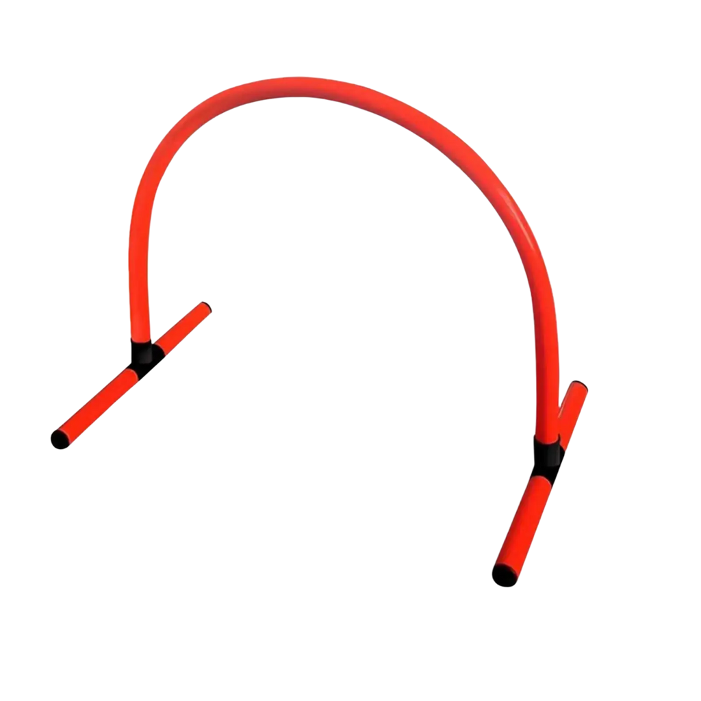 Red plastic pvc agility training hurdle with black connectors designed for soccer training and passing drills