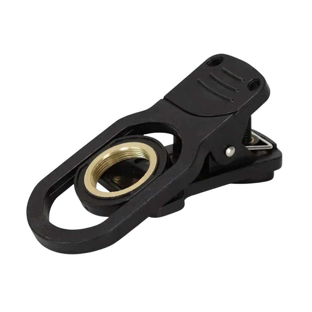 Agnicy 17mm mobile telescope lens phone clip with black plastic clip and brass-colored threaded ring attachment