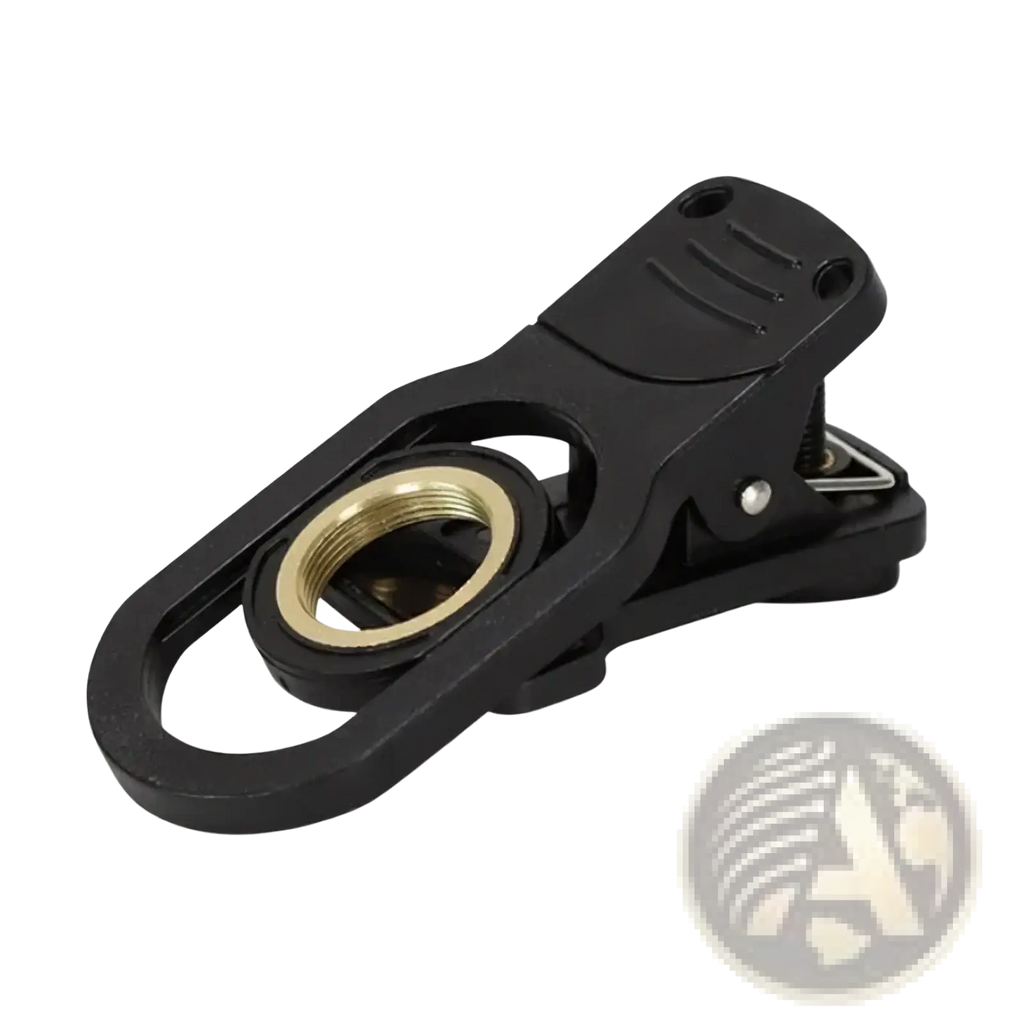 Agnicy 17mm mobile telescope lens phone clip with black plastic clip and brass-colored threaded ring attachment