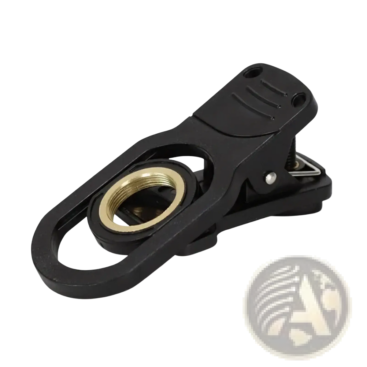 Agnicy 17mm mobile telescope lens phone clip with black plastic clip and brass-colored threaded ring attachment