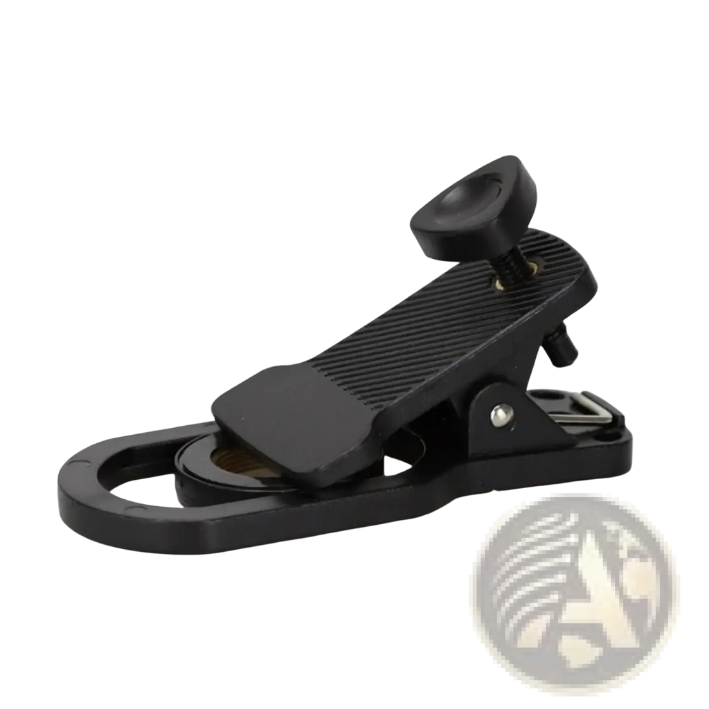 Black plastic camera clip with textured grip and adjustable screw for agnicy 17mm mobile telescope lens phone clip