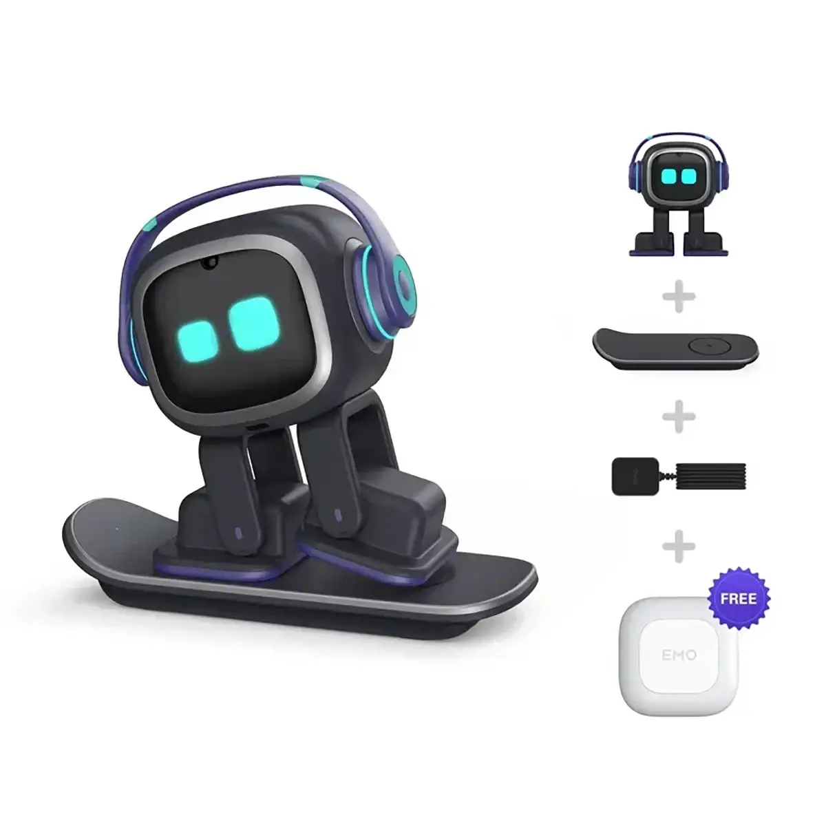 Ai smart companion robot toy featuring a black emo robot with glowing teal eyes and purple headphones on a skateboard