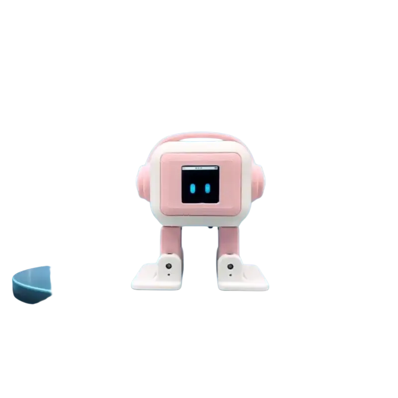 Ai smart companion robot toy in pink and white with rounded headphones standing on a circular platform under spotlights